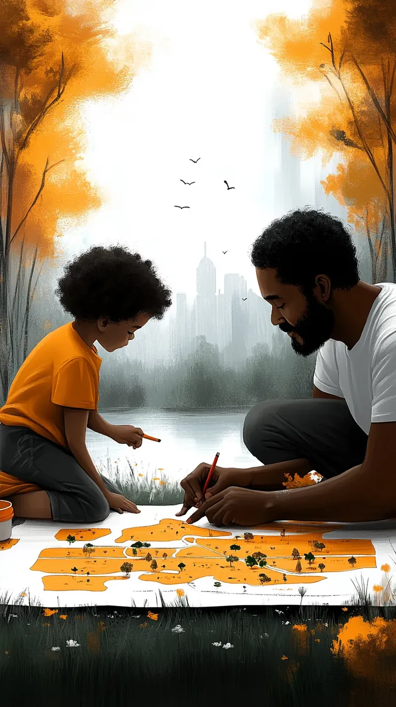 Painting of a dad and his son drawing a map of their area together
