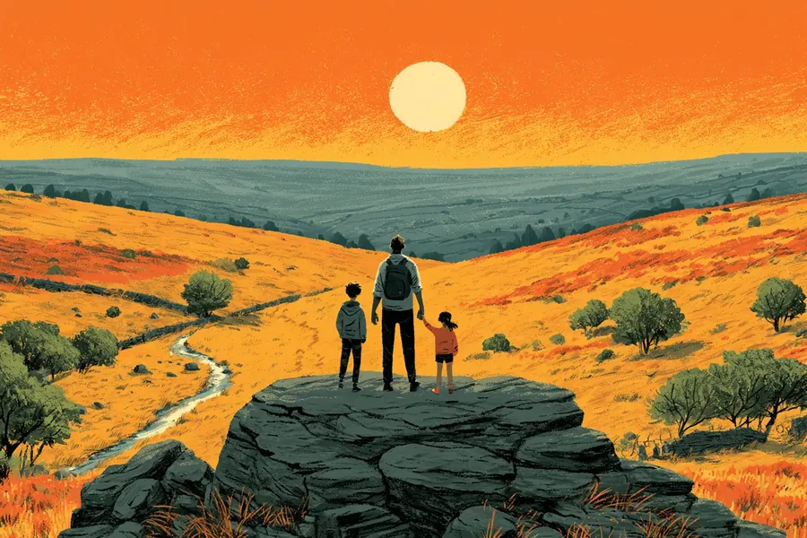 Painted hills with a path, a dad and kids walking