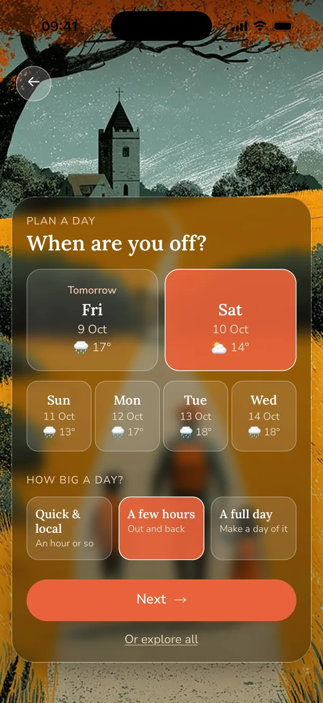 When are you off? The next week of days, each with its forecast. Saturday is picked, and A few hours.