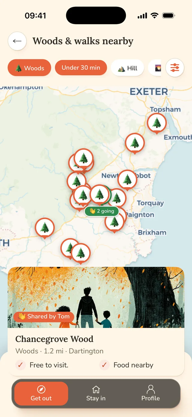 Woods and walks nearby on a map of South Devon, with filters for Woods, Under 30 min and Hill. A pin shows 2 going, and below the map the list starts with Chancegrove Wood near Dartington: shared by Tom, 1.2 miles, free to visit, food nearby.