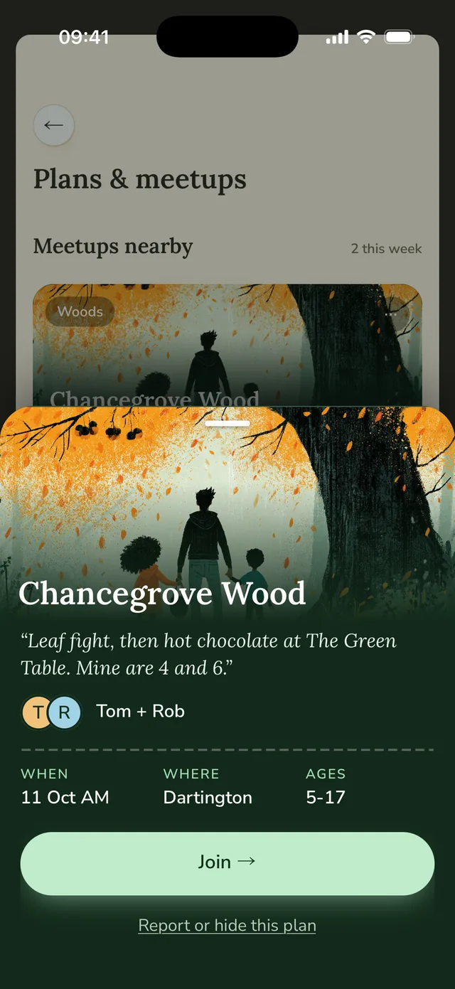 Tom's skedaddle at Chancegrove Wood: his note says leaf fight, then hot chocolate at The Green Table, mine are 4 and 6. Tom and Rob are going. When 11 Oct AM, where Dartington, ages 5 to 17, and a Join button.
